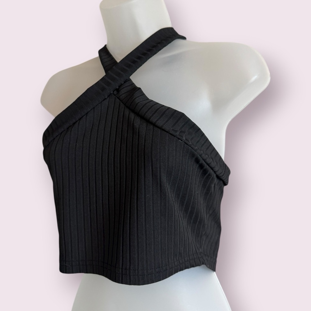 SHEIN Black Ribbed Halter Crop Top Cross Neck Sleeveless Size L - Picture 3 of 5